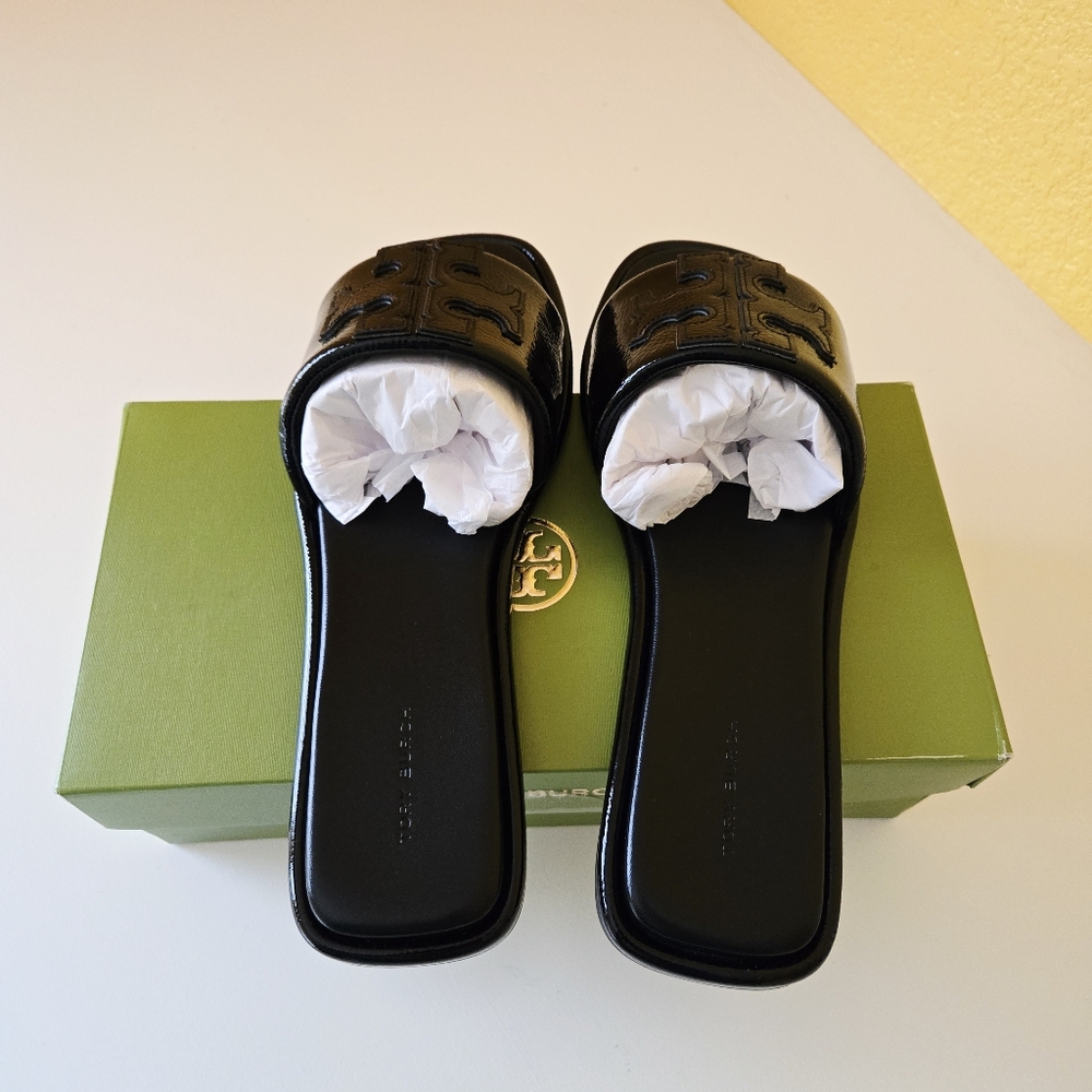 Tory Burch “Double T Sport Slide Sandals” Patent Leather (Perfect Black) Size 10 - Picture 7 of 13
